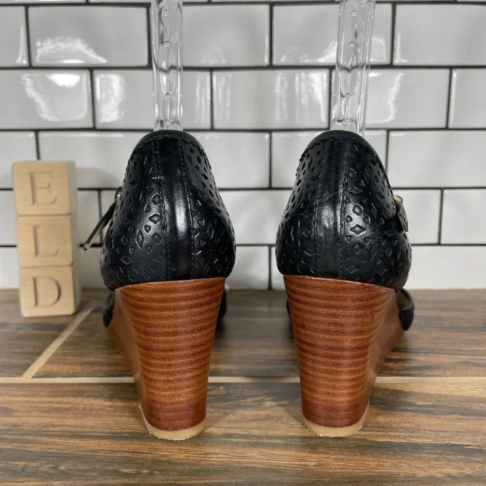 Talbots Womens Sz 8.5 Shoes Black Leather Open Toe Mary Jane Comfort Wedge